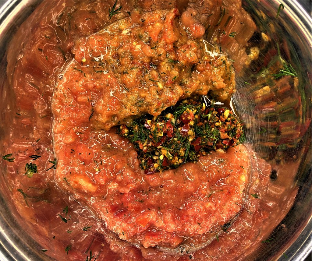 chili garlic dill for adjika blended with tomatoes for raw adjika